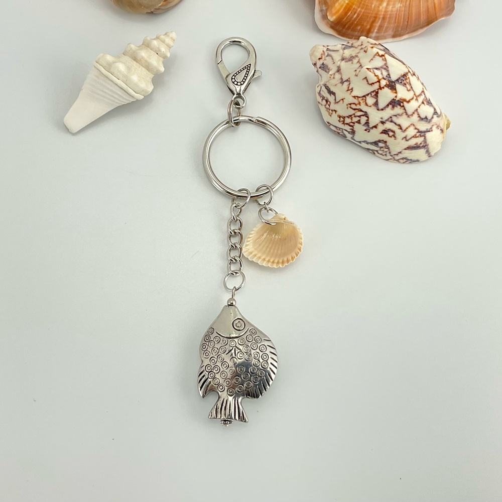 Silver Fish Key Chain, Bag Charm with Angel Wing Sea Shell Charm, Fish #4 - Picture 3 of 6